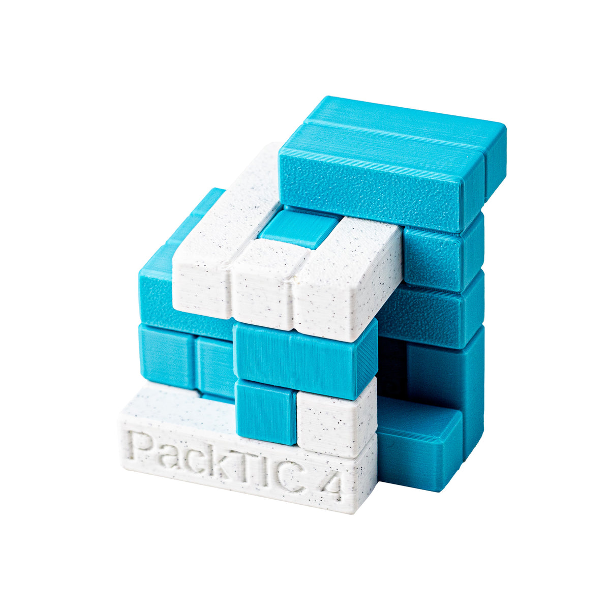 PackTIC 4 | Turning Interlocking Cube Packing Puzzle — 3D-printed mechanical puzzle, main product view.