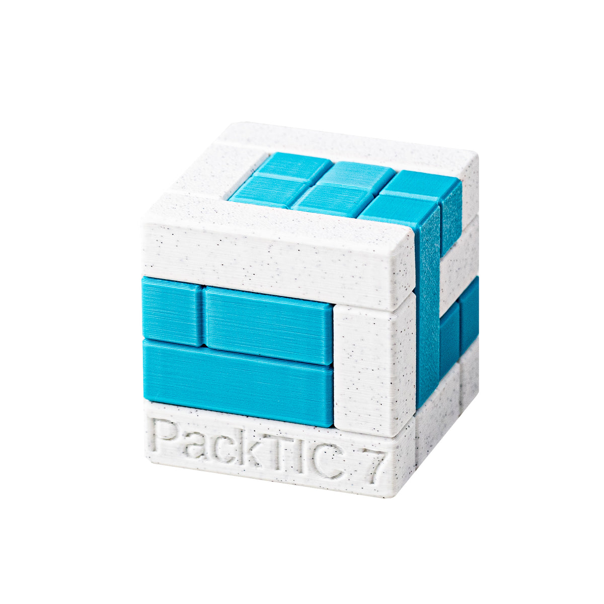 PackTIC 7 | Turning Interlocking Cube Packing Puzzle — 3D-printed pieces shown at an angle.