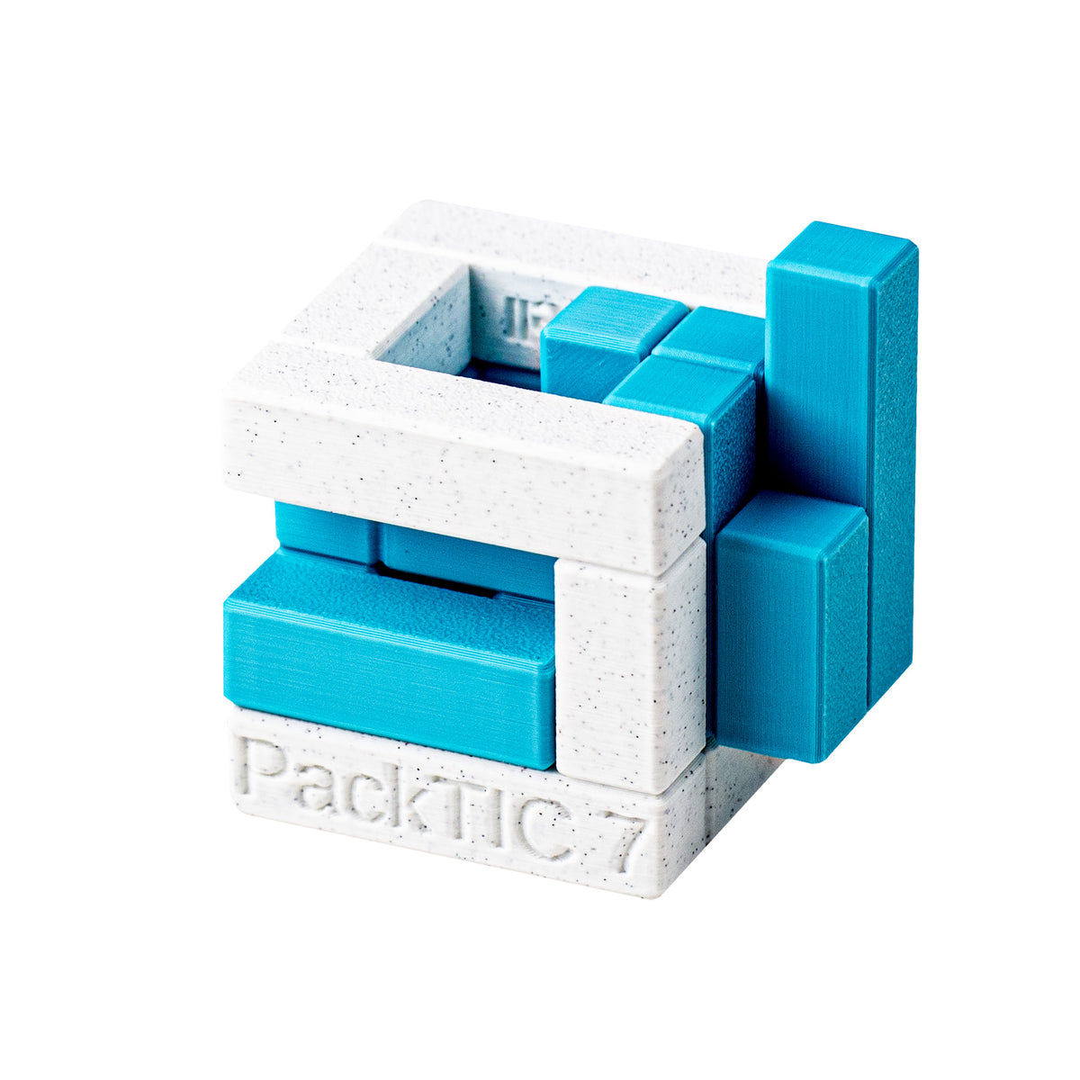 PackTIC 7 | Turning Interlocking Cube Packing Puzzle — 3D-printed mechanical puzzle, main product view.