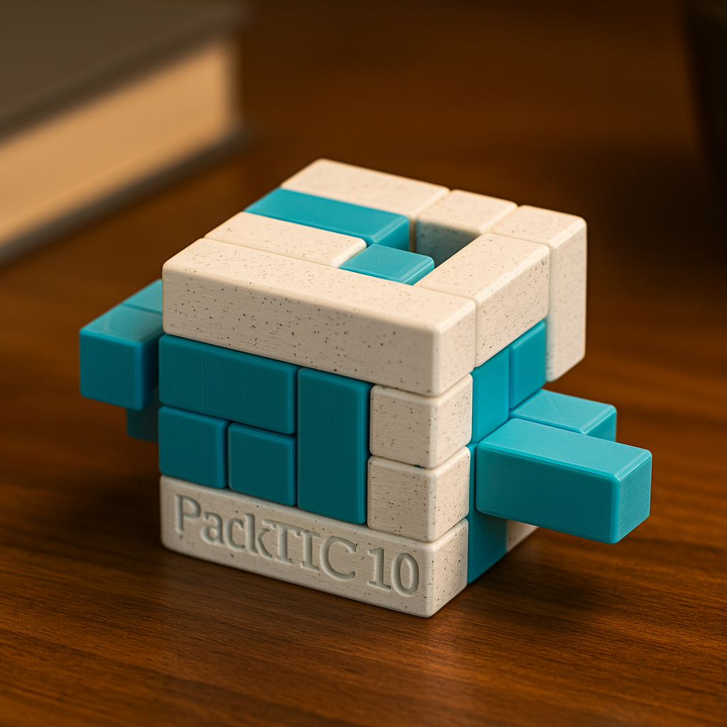 PackTIC 10 mechanical puzzle on wooden desk