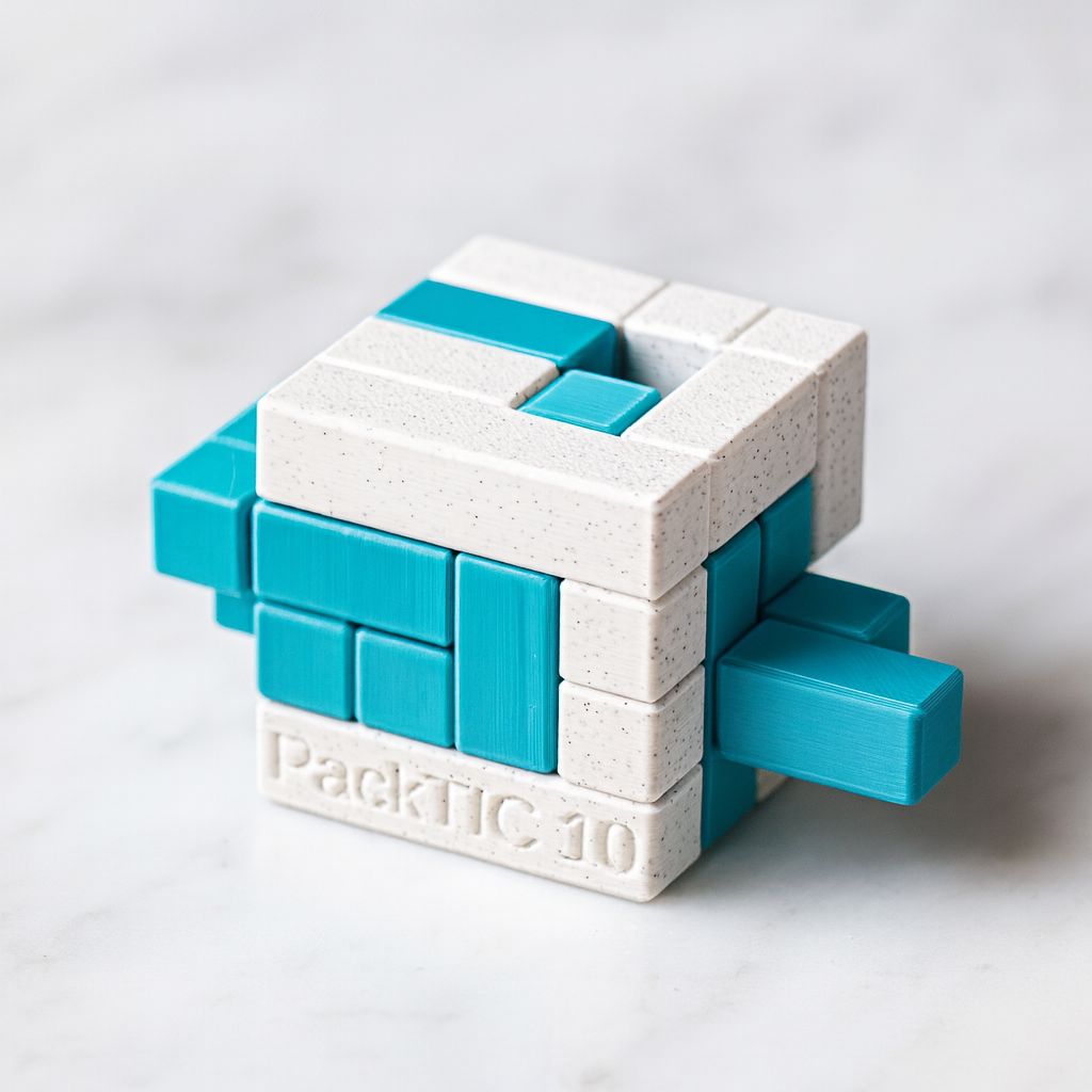 PackTIC 10 mechanical puzzle on white marble surface