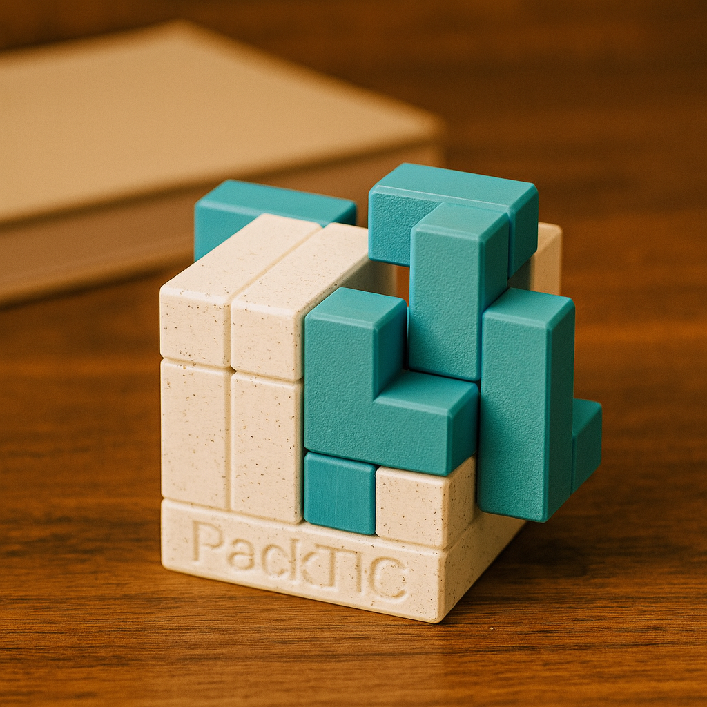 PackTIC 1 mechanical puzzle on wooden desk
