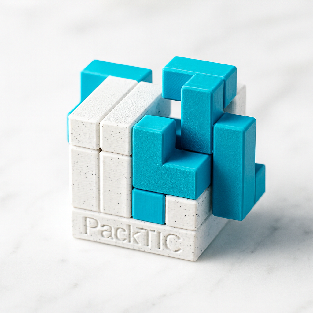 PackTIC 1 mechanical puzzle on white marble surface