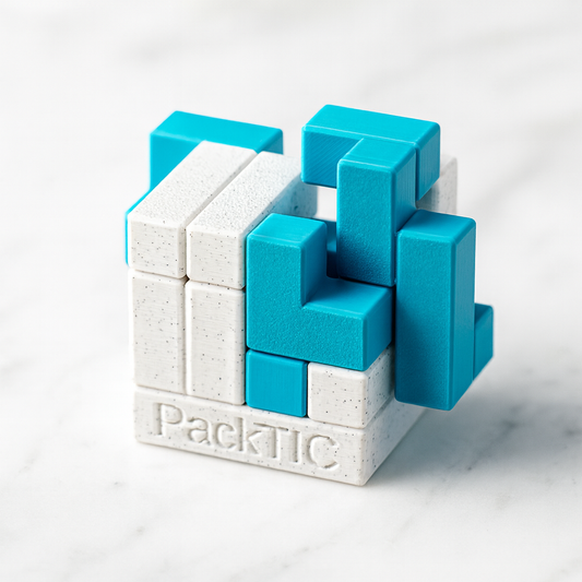 PackTIC 1 mechanical puzzle on white marble surface
