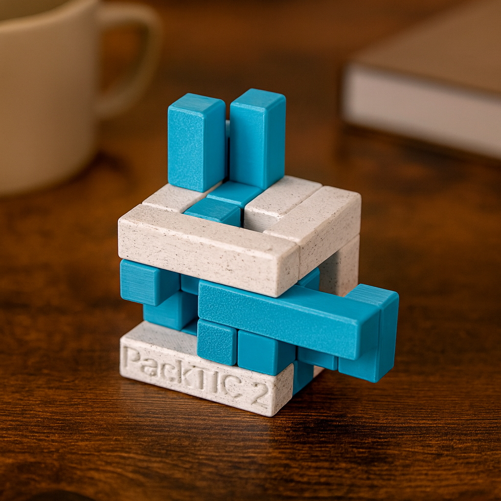 PackTIC 2 mechanical puzzle on wooden desk