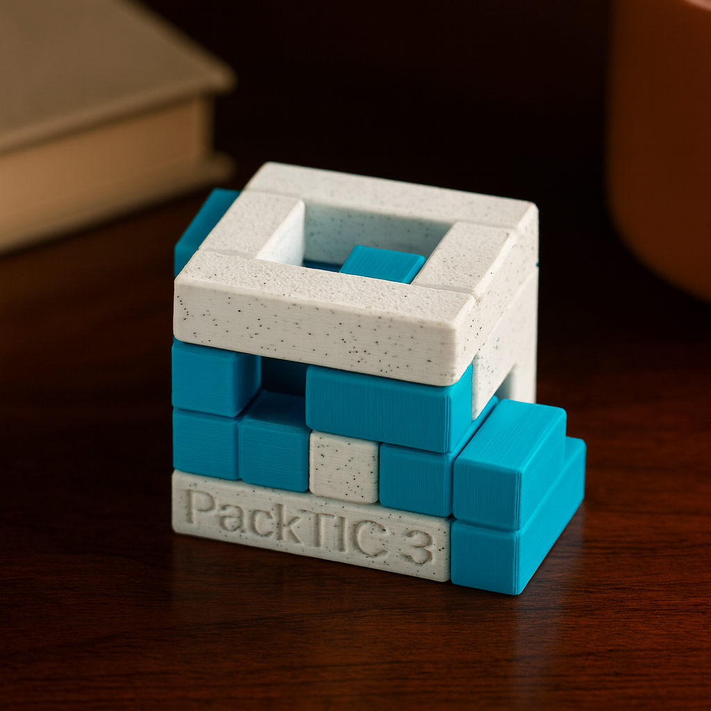 PackTIC 3 mechanical puzzle on wooden desk