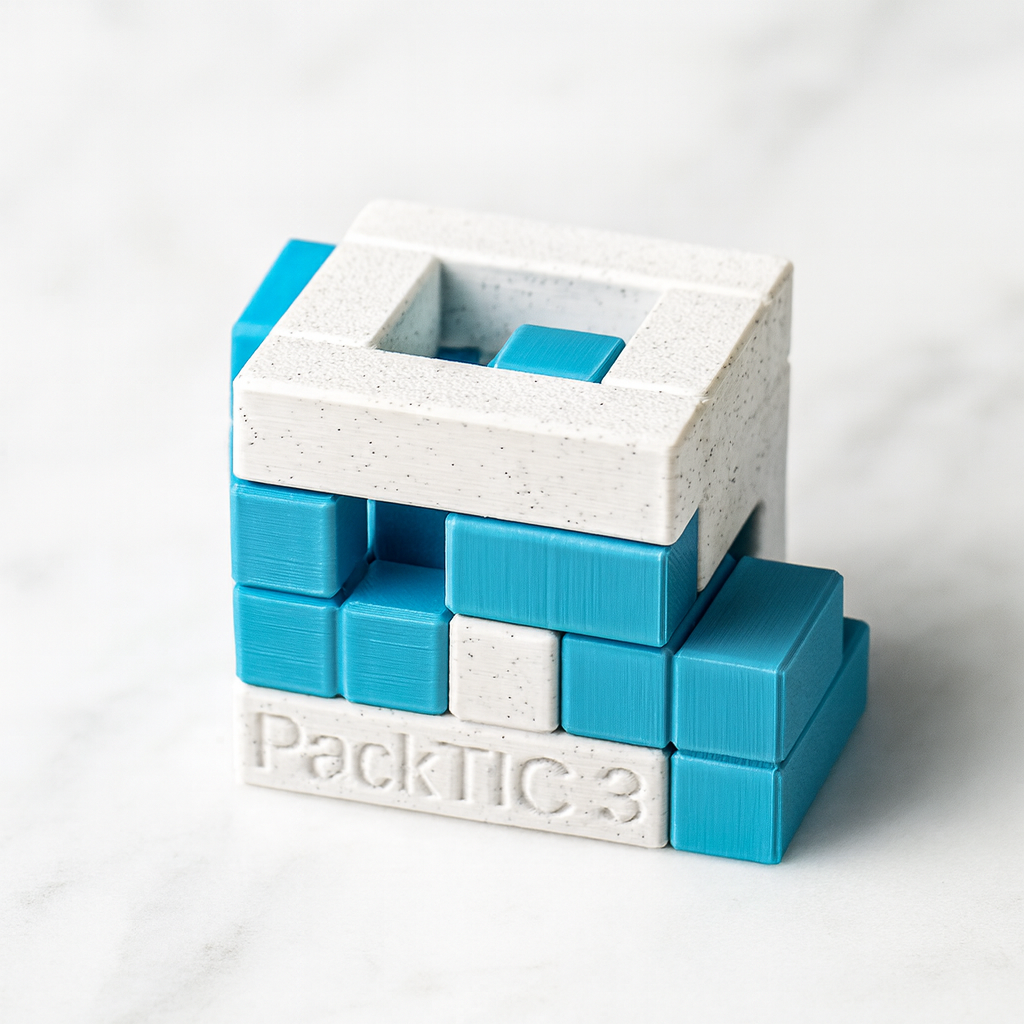 PackTIC 3 mechanical puzzle on white marble surface