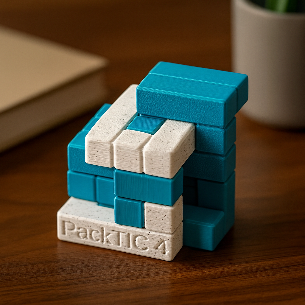 PackTIC 4 mechanical puzzle on wooden desk