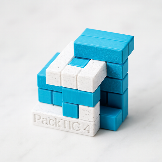 PackTIC 4 mechanical puzzle on white marble surface