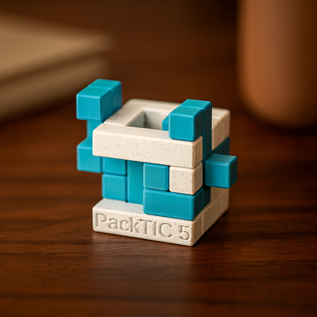 PackTIC 5 mechanical puzzle on wooden desk