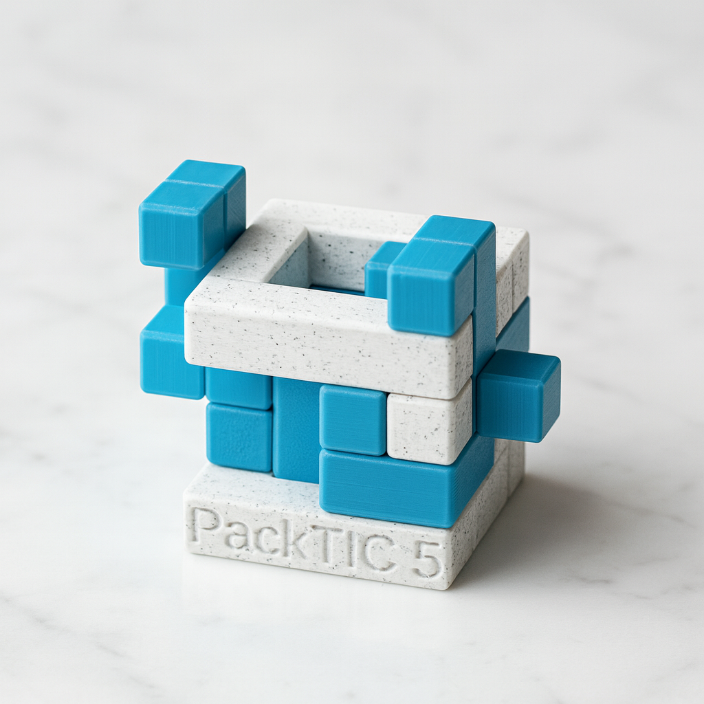 PackTIC 5 mechanical puzzle on white marble surface