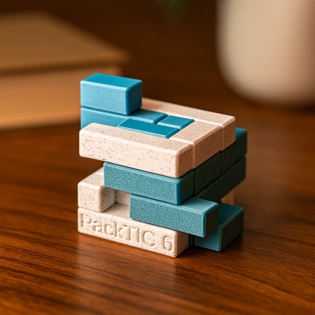 PackTIC 6 mechanical puzzle on wooden desk