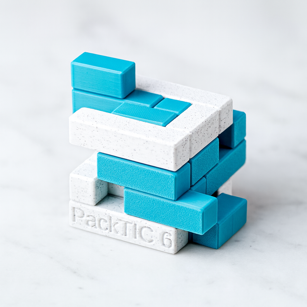 PackTIC 6 mechanical puzzle on white marble surface