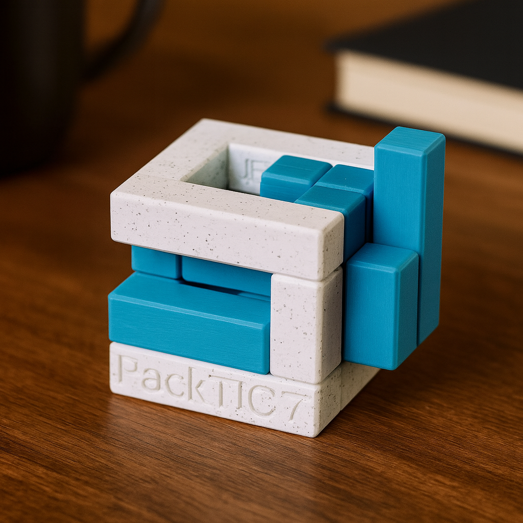 PackTIC 7 mechanical puzzle on wooden desk