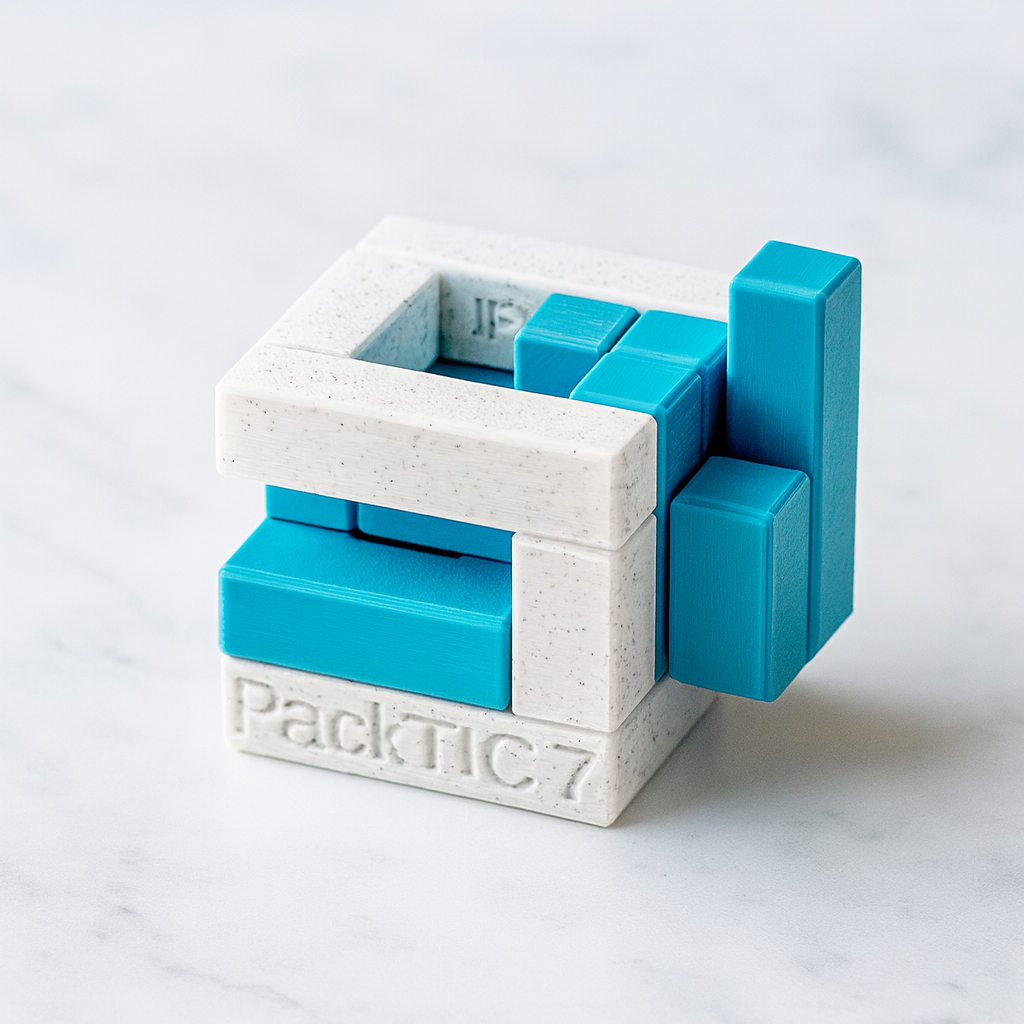 PackTIC 7 mechanical puzzle on white marble surface