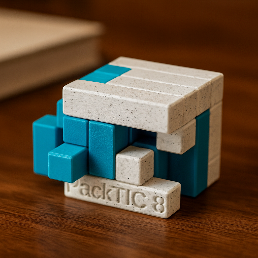 PackTIC 8 mechanical puzzle on wooden desk