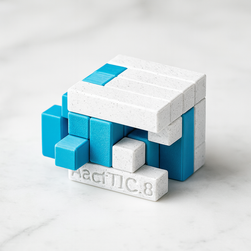 PackTIC 8 mechanical puzzle on white marble surface