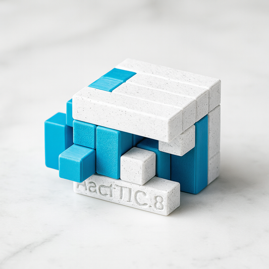 PackTIC 8 mechanical puzzle on white marble surface