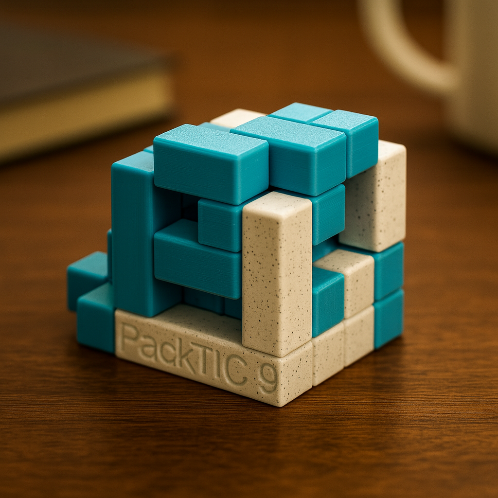 PackTIC 9 mechanical puzzle on wooden desk