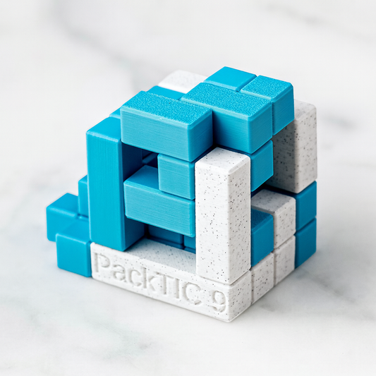 PackTIC 9 mechanical puzzle on white marble surface