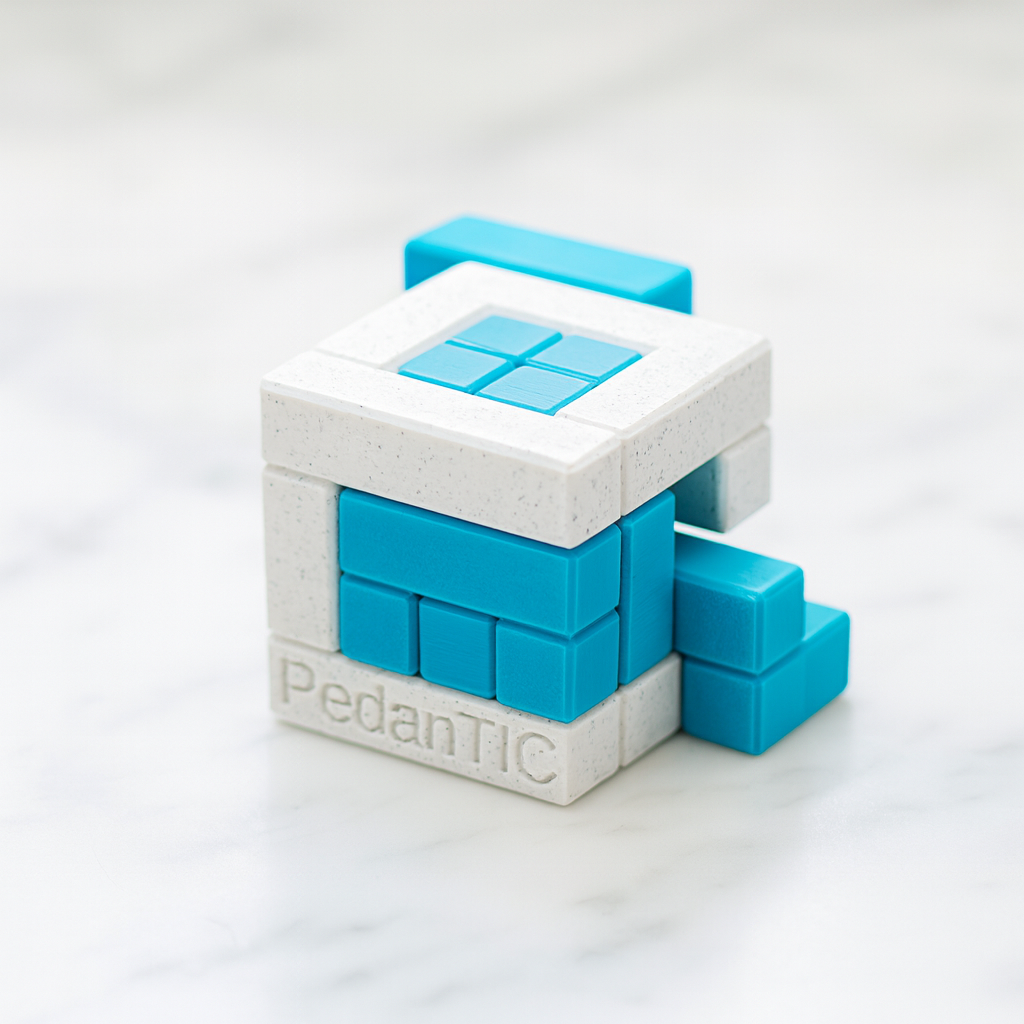 PedanTIC mechanical puzzle on white marble surface