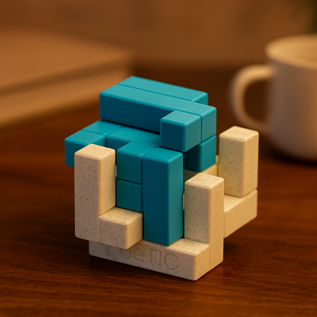 PoeTIC mechanical puzzle on wooden desk