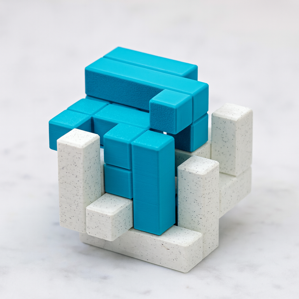 PoeTIC mechanical puzzle on white marble surface