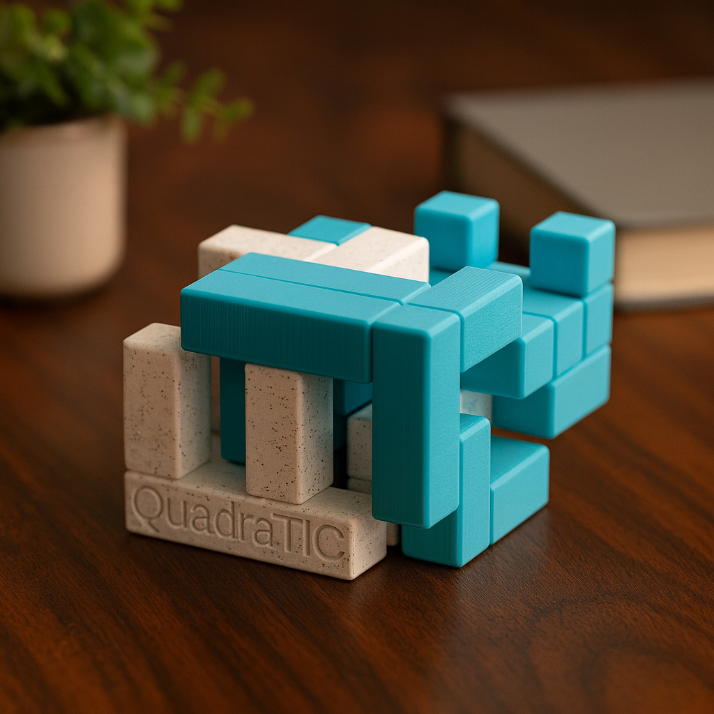 QuadraTIC mechanical puzzle on wooden desk