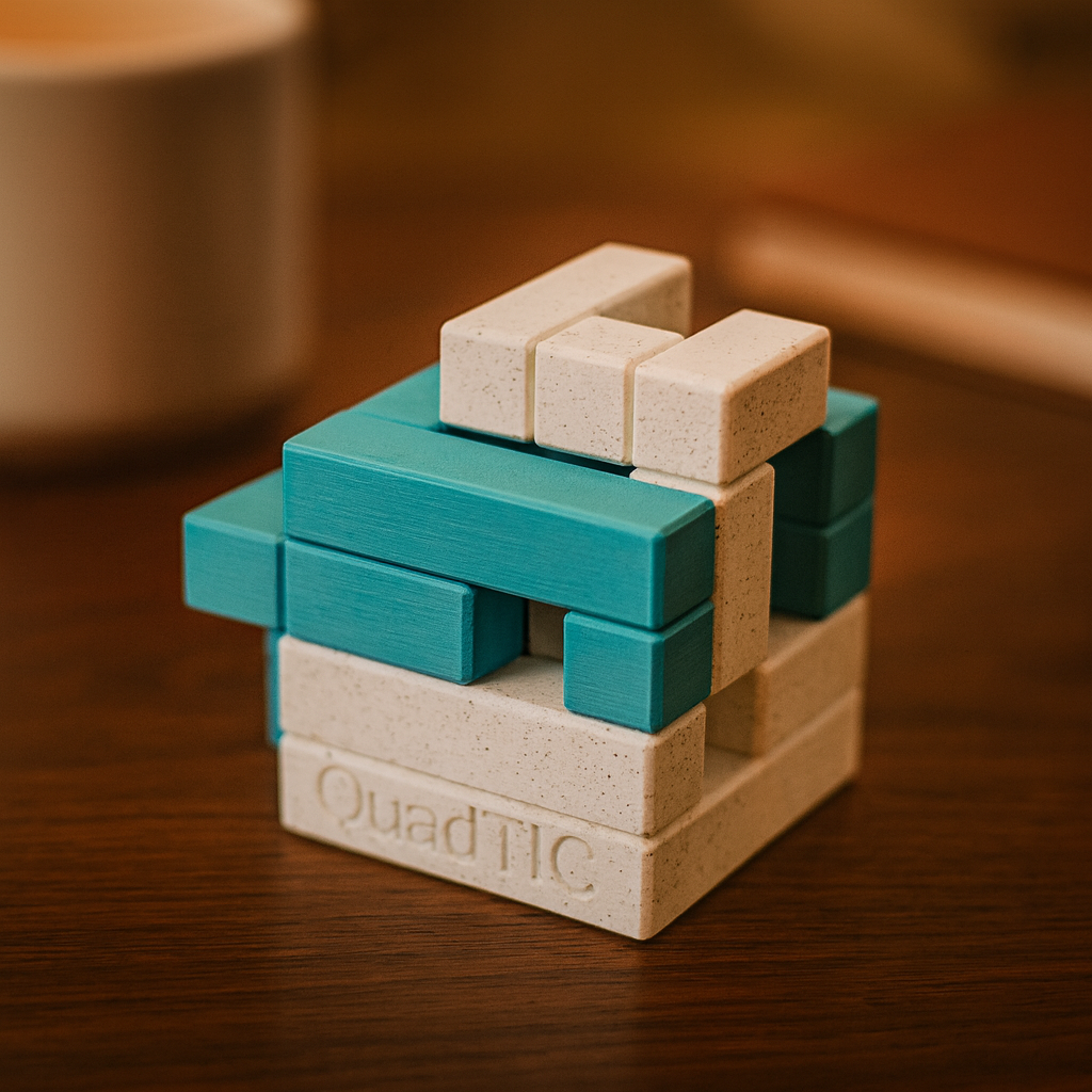 QuadTIC mechanical puzzle on wooden desk