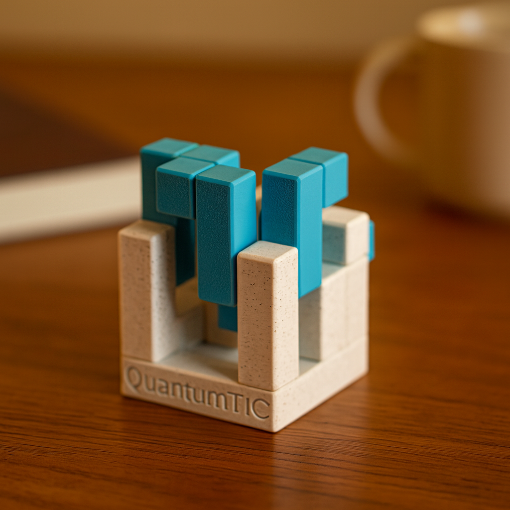 QuantumTIC mechanical puzzle on wooden desk