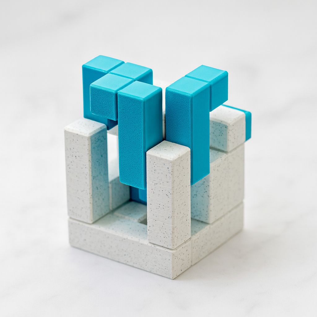 QuantumTIC mechanical puzzle on white marble surface