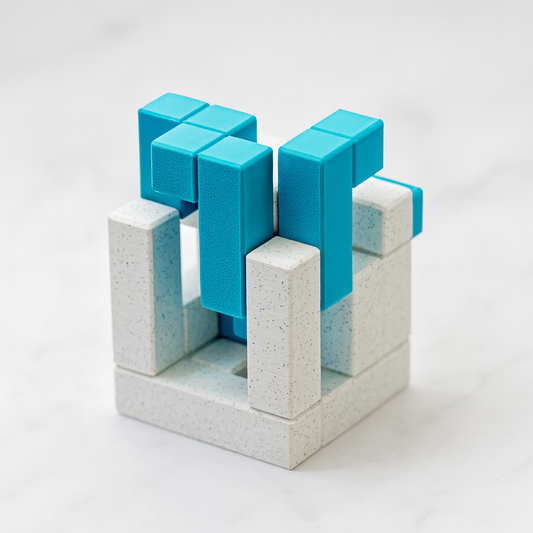 QuantumTIC mechanical puzzle on white marble surface