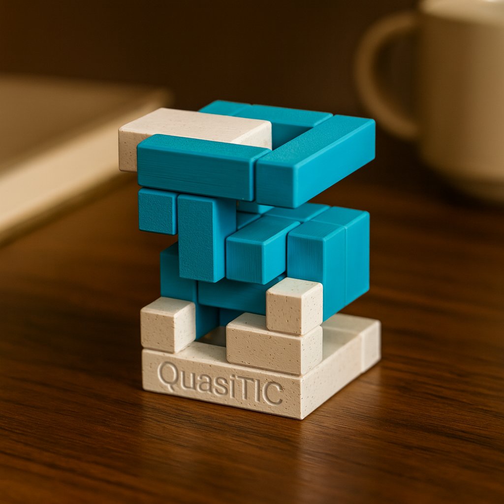 QuasiTIC mechanical puzzle on wooden desk