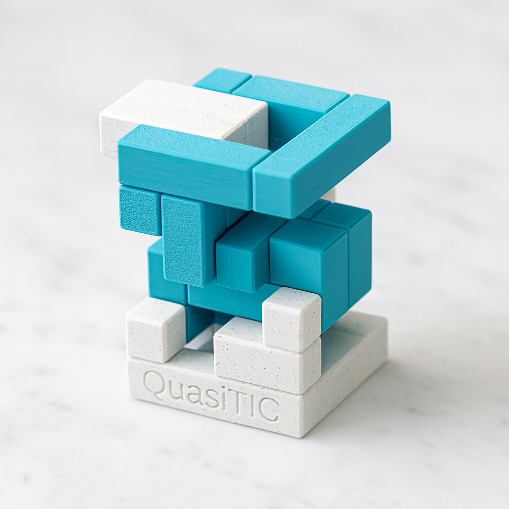 QuasiTIC mechanical puzzle on white marble surface