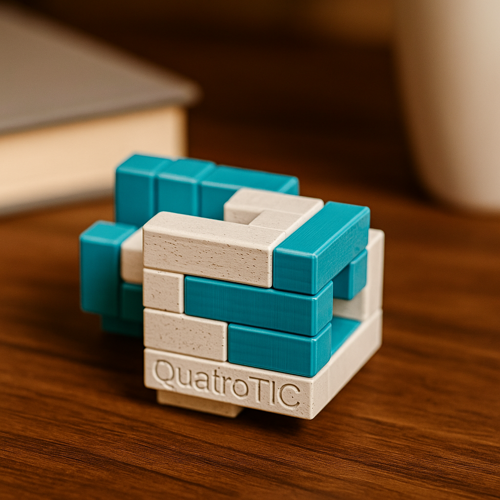 QuatroTIC mechanical puzzle on wooden desk