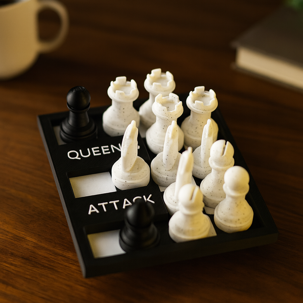 Queen's Attack mechanical puzzle on wooden desk