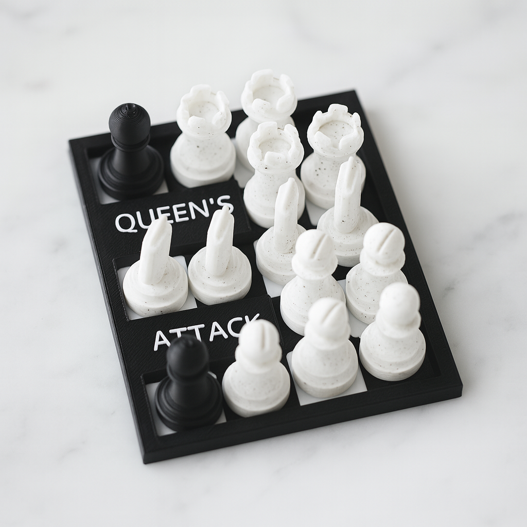 Queen's Attack mechanical puzzle on white marble surface