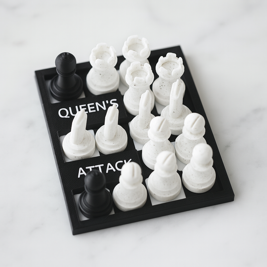 Queen's Attack mechanical puzzle on white marble surface