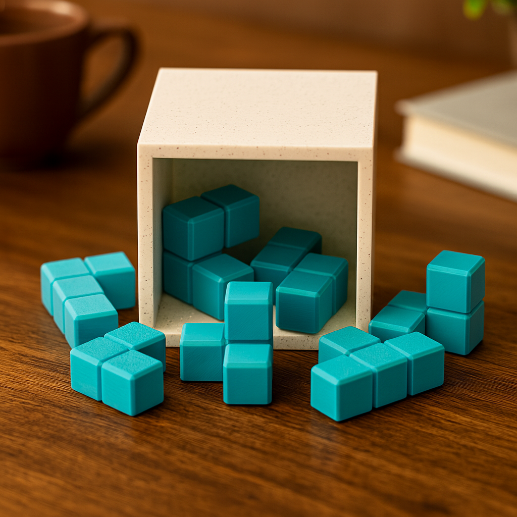 Shrinking Soma mechanical puzzle on wooden desk