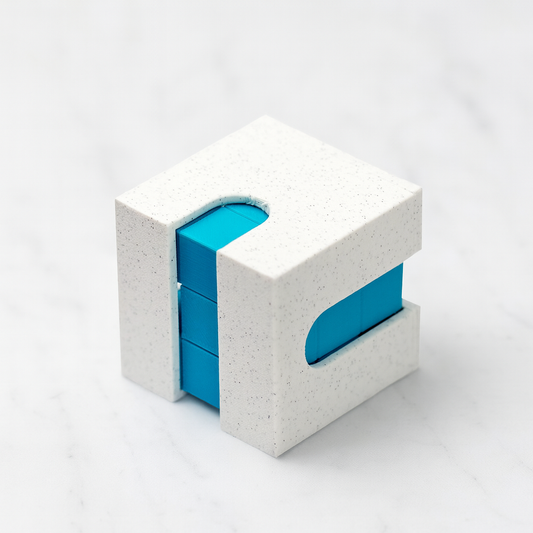 Shutout Puzzle mechanical puzzle on white marble surface