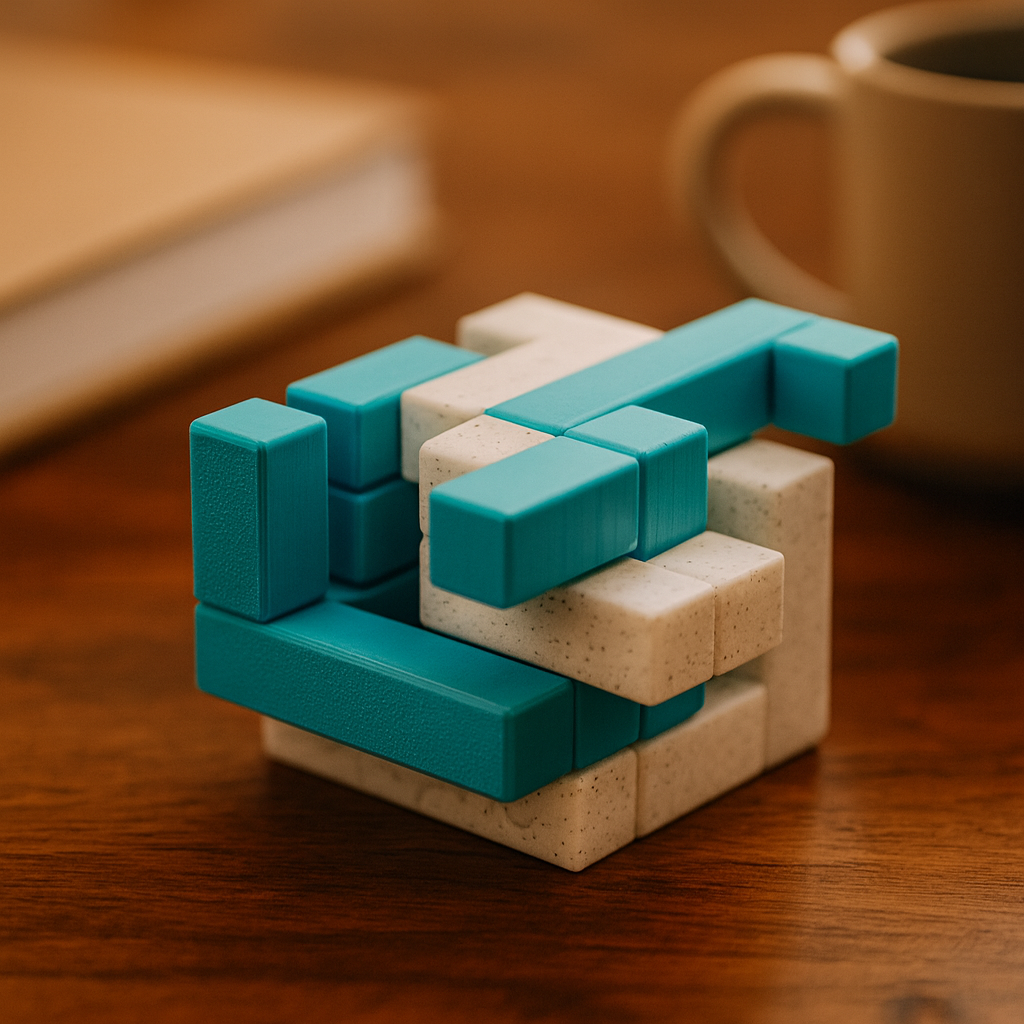 SkepTIC Puzzle mechanical puzzle on wooden desk