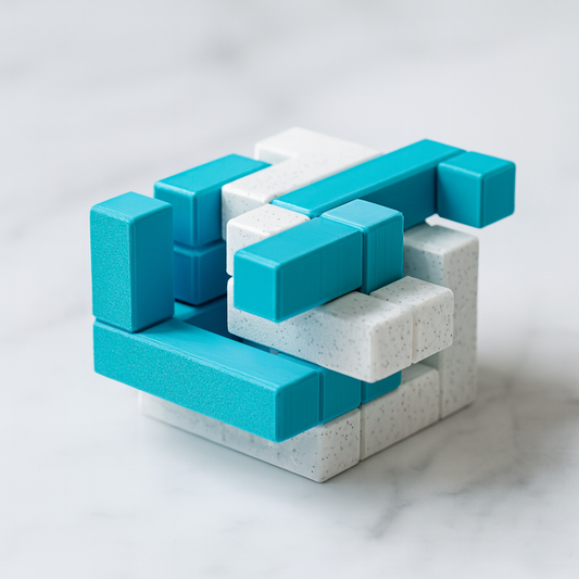 SkepTIC Puzzle mechanical puzzle on white marble surface