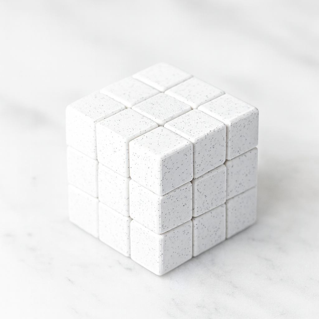 Snake Cube mechanical puzzle on white marble surface
