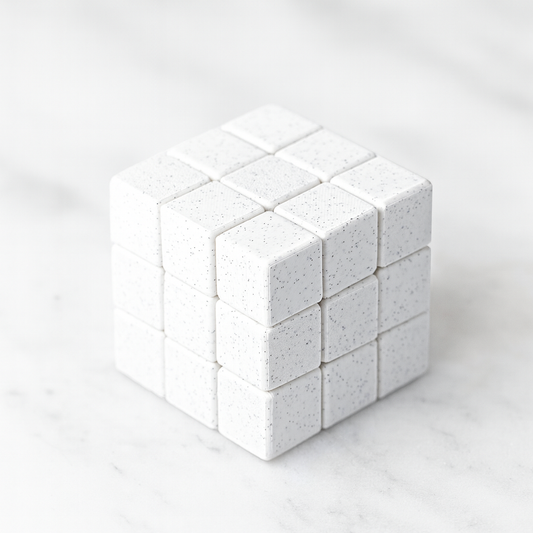 Snake Cube mechanical puzzle on white marble surface