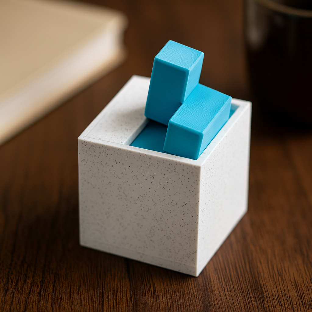 Soma Flop mechanical puzzle on wooden desk