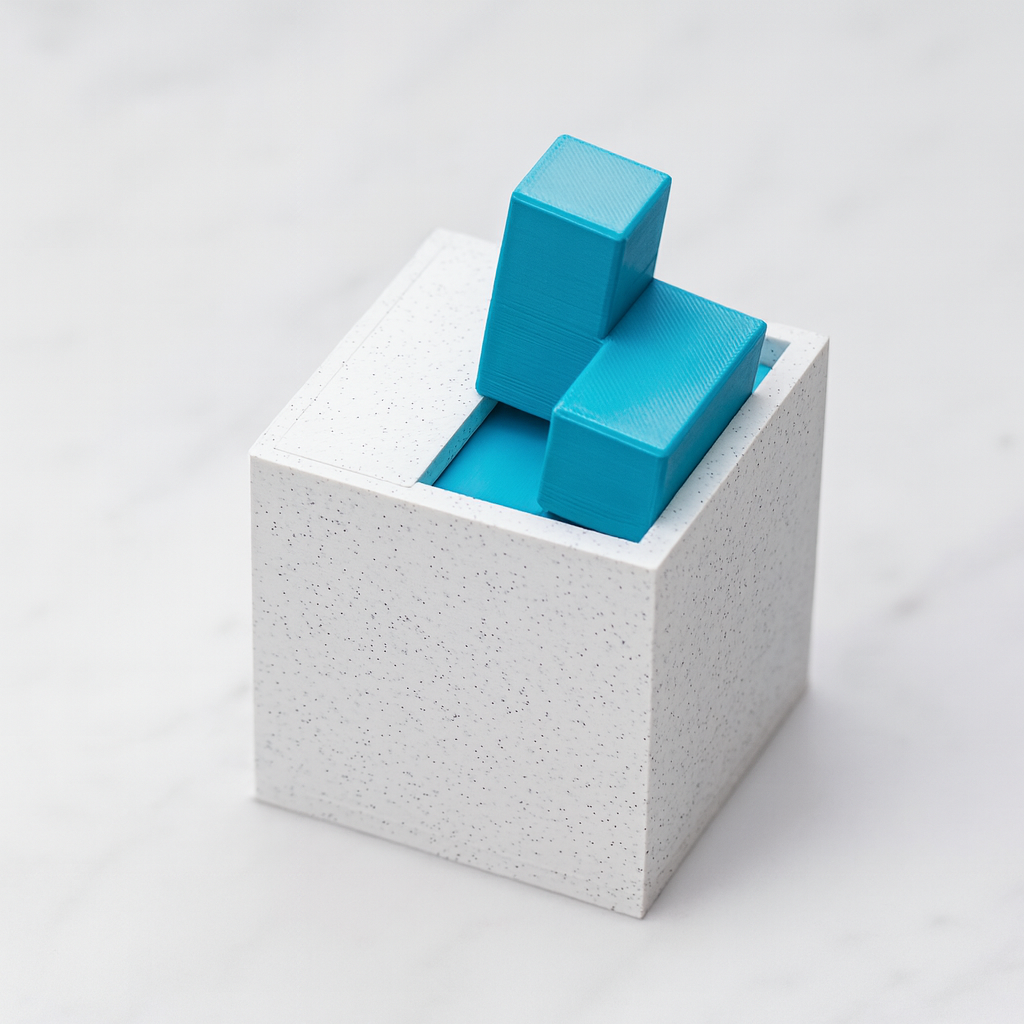 Soma Flop mechanical puzzle on white marble surface