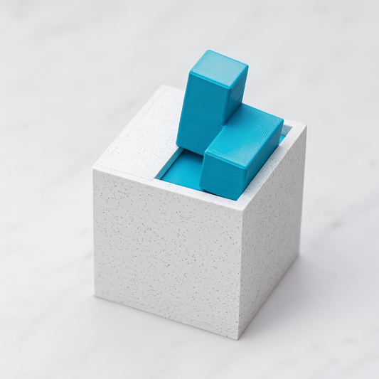 Soma Flop mechanical puzzle on white marble surface
