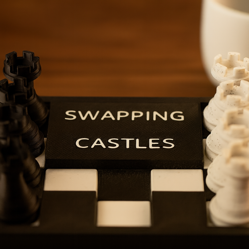 Swapping Castles mechanical puzzle on wooden desk