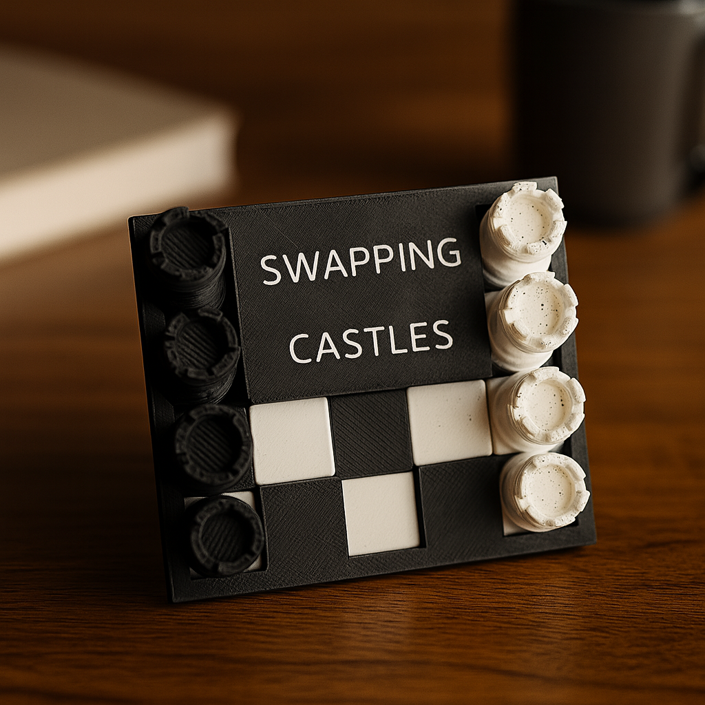 Swapping Castles mechanical puzzle on wooden desk