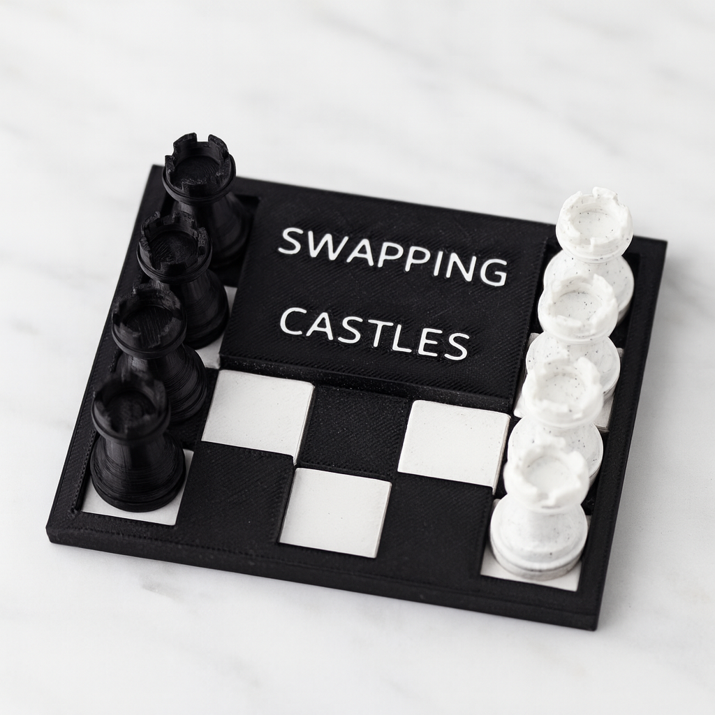 Swapping Castles mechanical puzzle on white marble surface